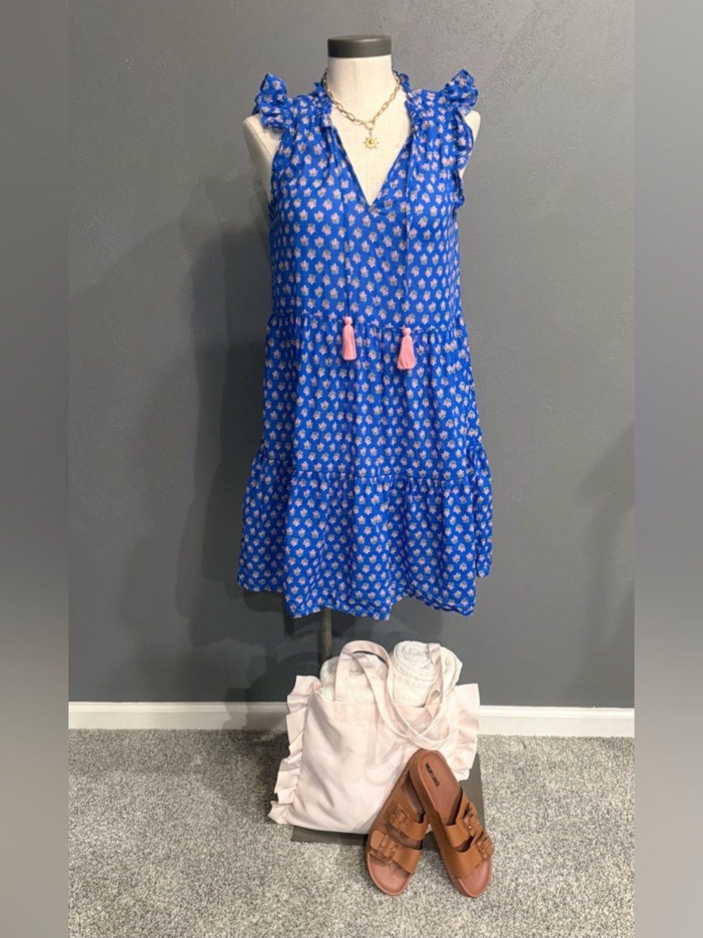 J. Crew Blue Floral Midi Dress with Pink Tassels